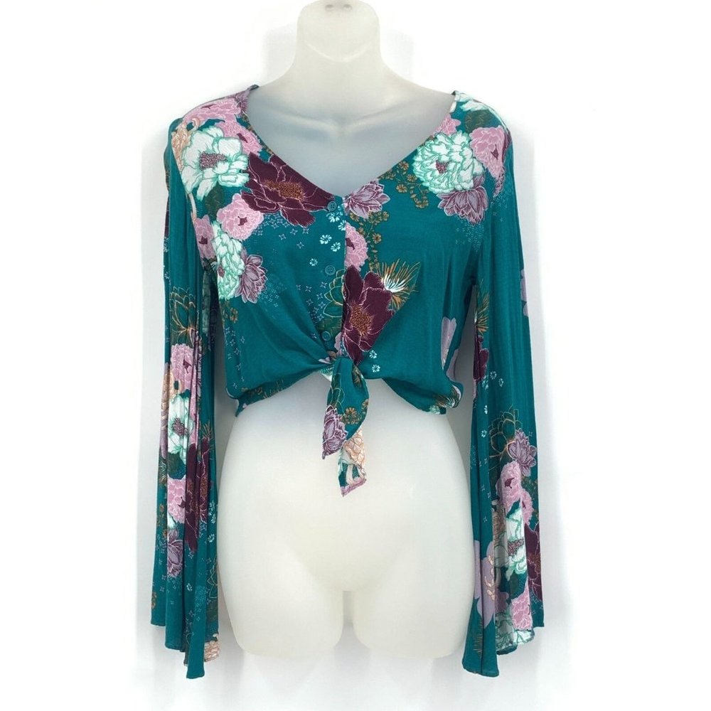 rue21 Top Medium Teal Floral Print Tie Button Front Bell Sleeves Boho